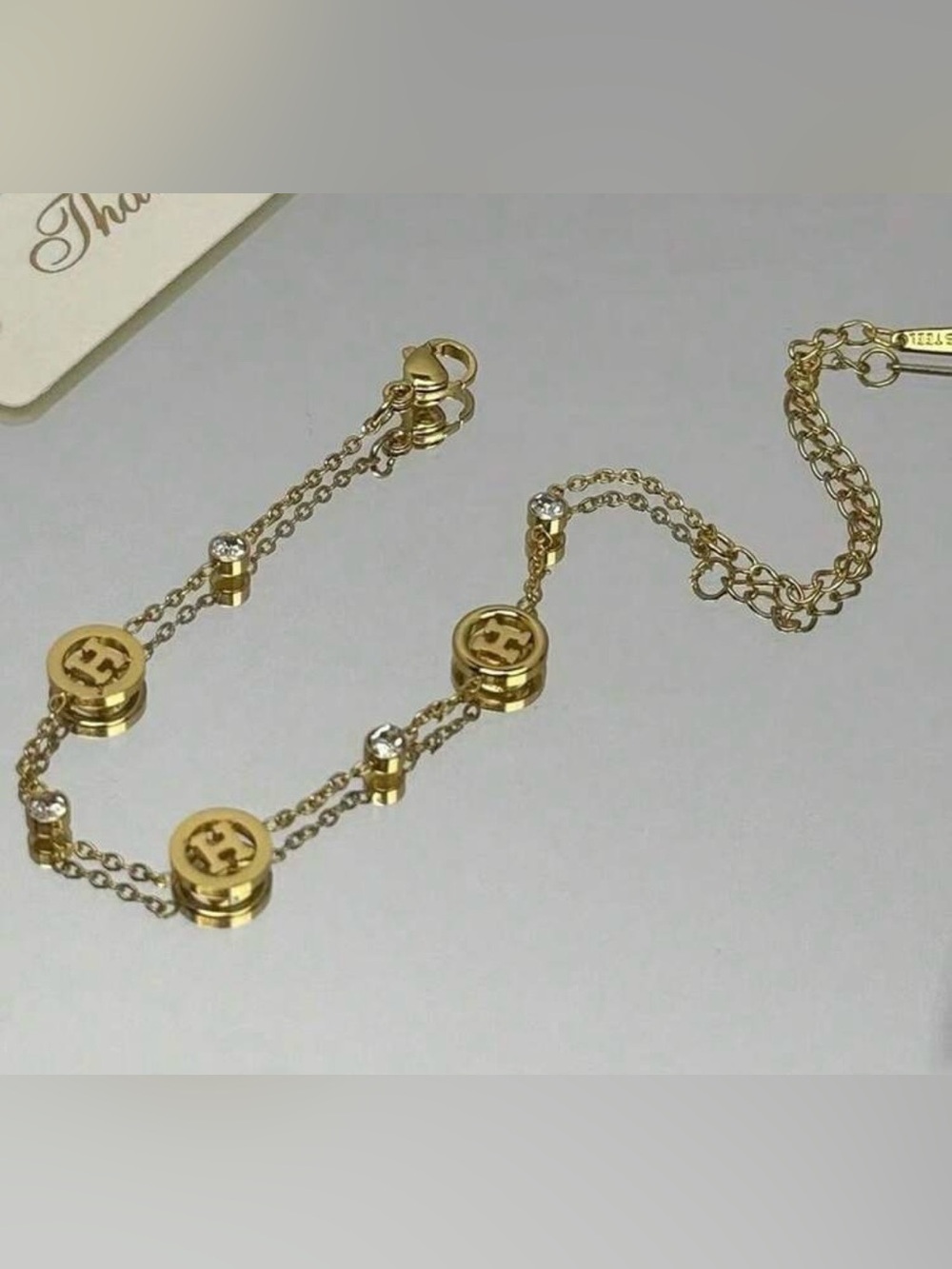 NWT 18k Gold Plated Over Stainless Steel LUX H-Letter Rhinestone Bracelet